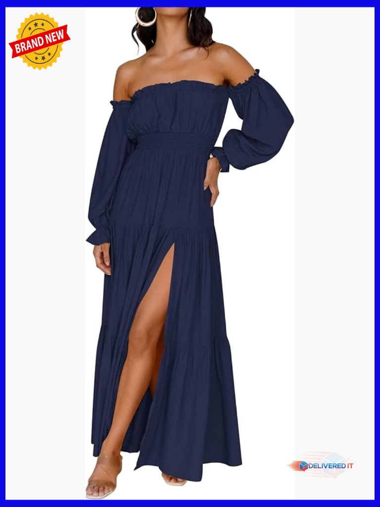 Boho Off Shoulder Maxi Dress With Side Split, Rayon, Long Sleeve